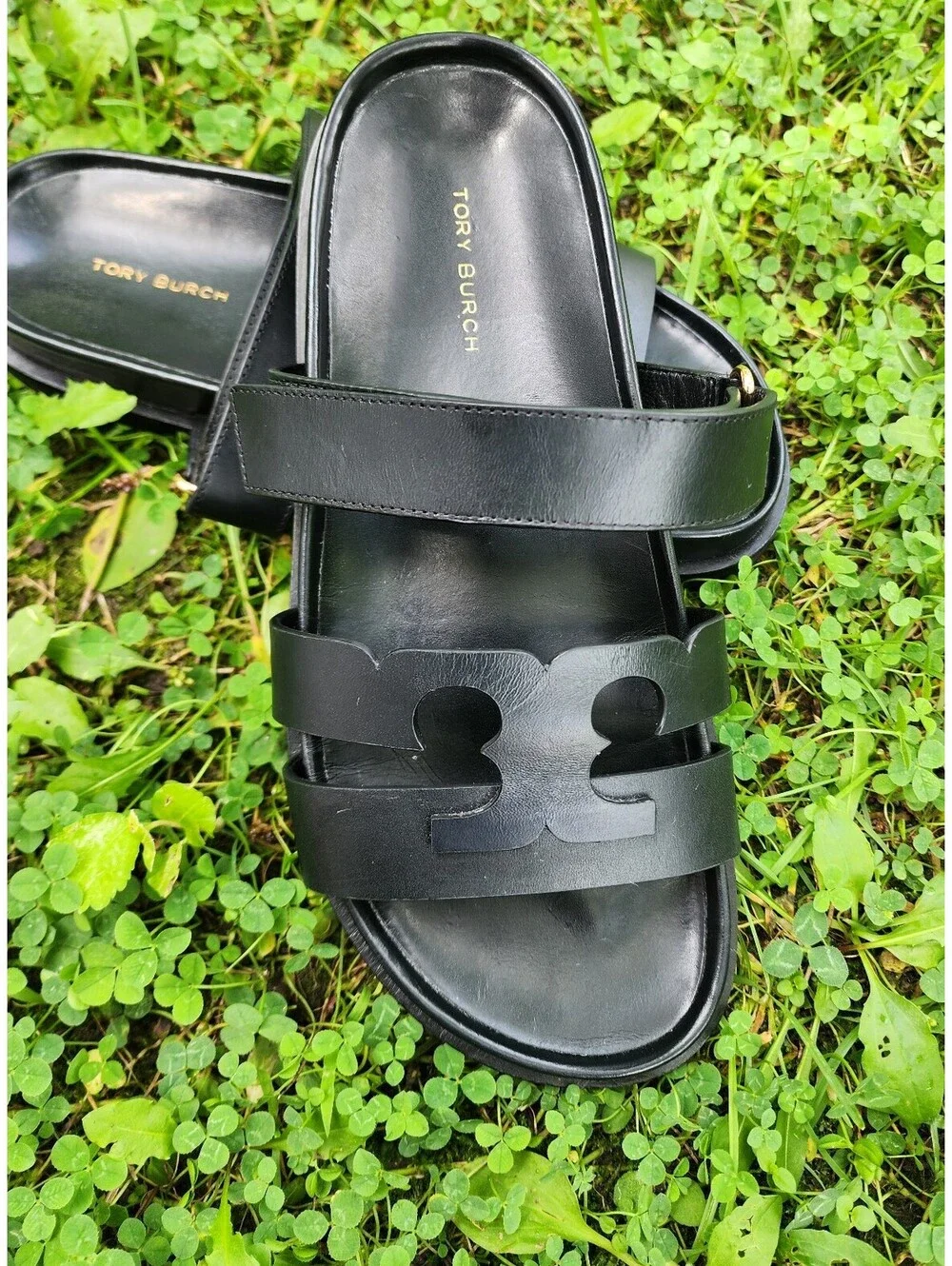 Size 7.5 - Tory Burch Ines Black Leather Logo Slide Sandals